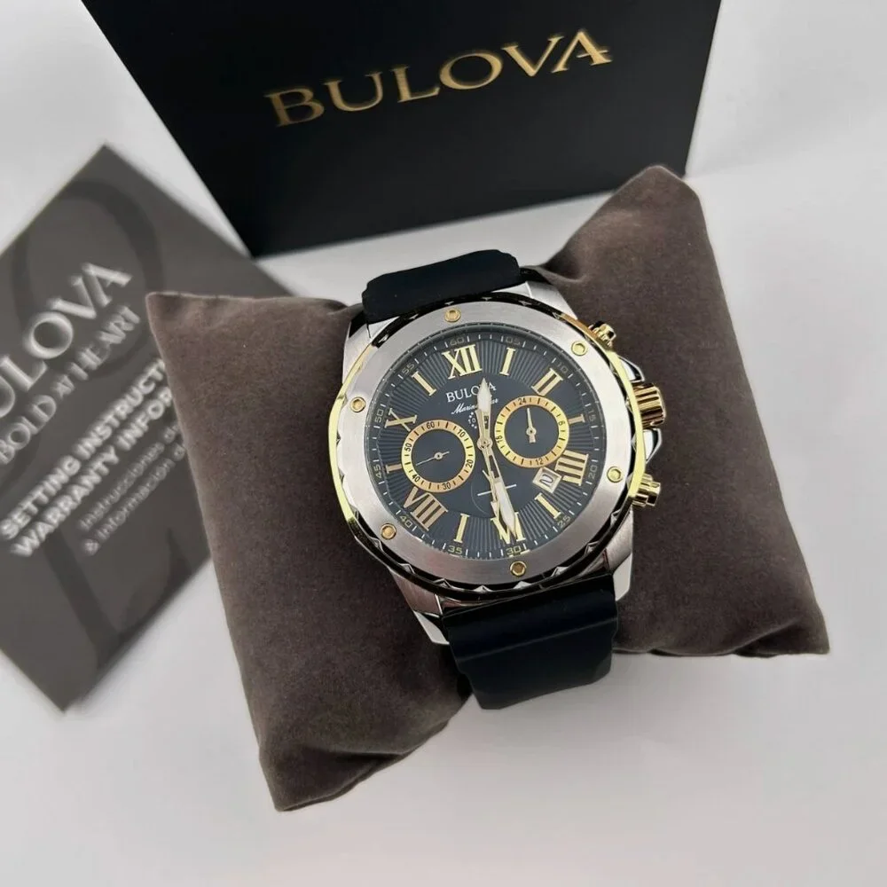 Bulova 44mm Black Rubber Strap Gold Accent Watch
